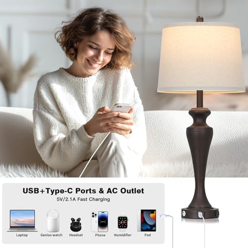 CINSARY 30-Inch Brown Set of 2 Modern Touch Control Table Lamps with USB & AC Outlet