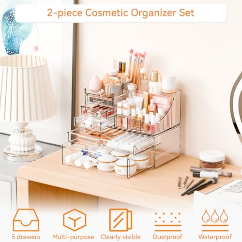 Yieach 2 Pack Clear Makeup Organizer Countertop for Dresser,Vanity and Bathroom Counter Organizer,Tiered Stackable Makeup Acrylic Organizers with 5 Drawer for Skincare,Brush and Make up Holders