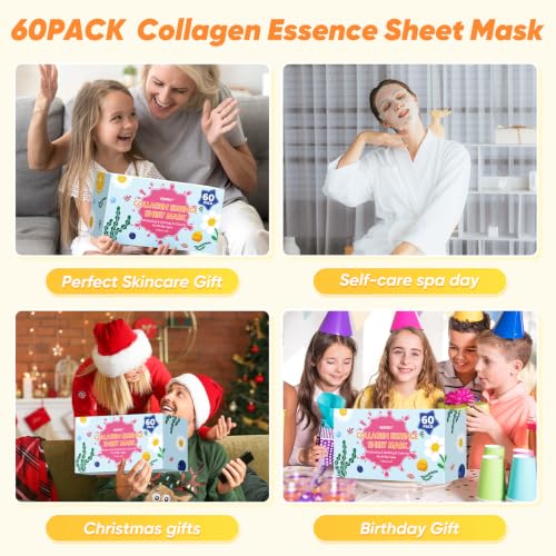 60 Pack Collagen Facial Masks Set - Moisturizing & Rejuvenating Skin Care
