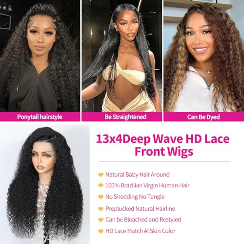 Gureimi Natural Black 20 Inch Deep Wave Lace Front Human Hair Wig - Pre Plucked & Full, Silky Virgin Hair