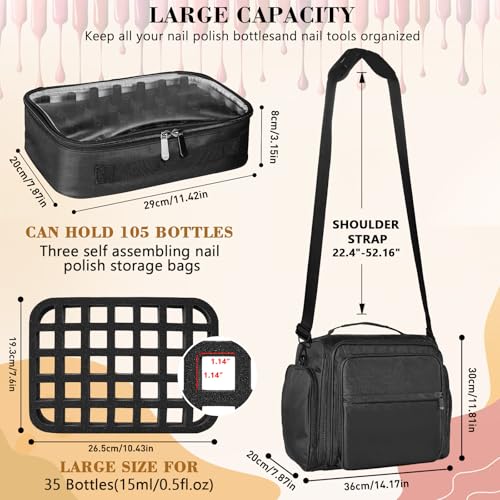 Nail Polish Organizer Holds 105 Bottles, Extra Large Capacity with 3 Removable, Pouches Portable Manicurist Travel Bag for Manicure Tools, Nail Lamp