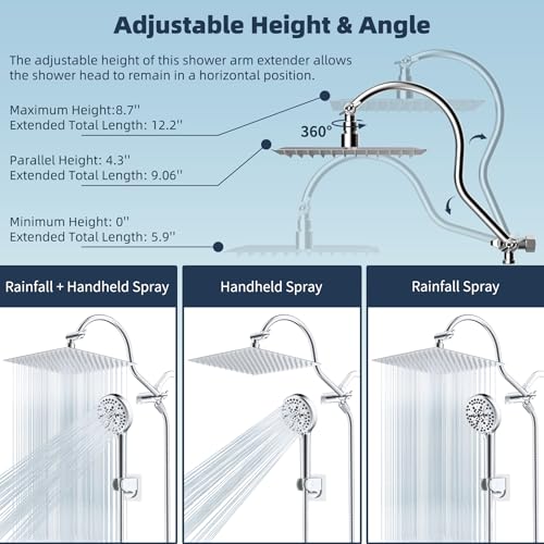 Square 12-Inch All Metal Rainfall Shower Head with Handheld Spray - Chrome Finish
