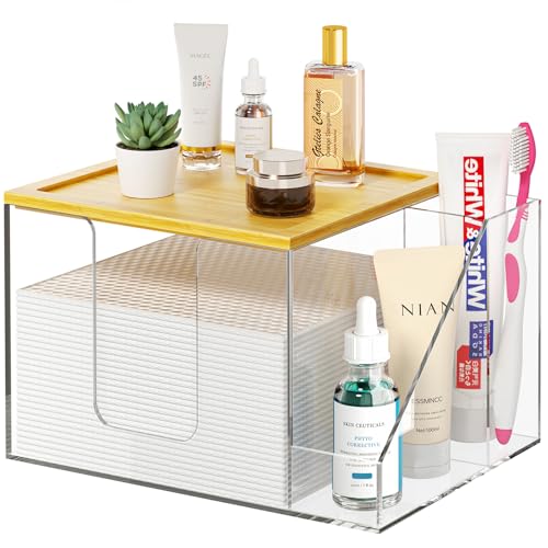 VITVITI Disposable Face Towel Holder Box, Acrylic Clean Skin Club Facial Towel Container with Toothbrush Holders, Large Disposable Face Towels Storage for Bathroom Vanity Makeup, Clear