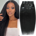 16 Inch Kinky Straight Clip-In Hair Extensions - Real Human Hair, Double Weft, 8 Pieces