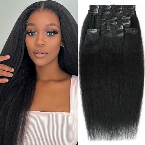 16 Inch Kinky Straight Clip-In Hair Extensions - Real Human Hair, Double Weft, 8 Pieces