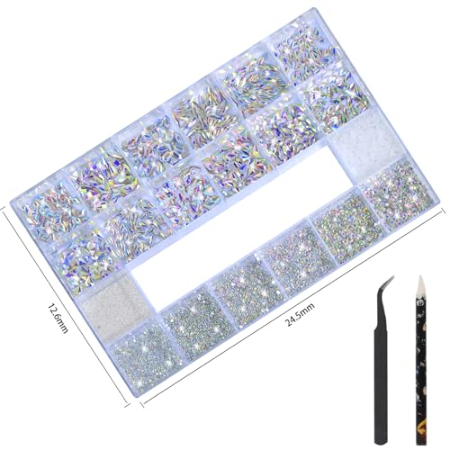 DZHILHMX AB Nail Rhinestones Set with 12 Types & 600 Multi-Size Crystals for Nail Art Decor