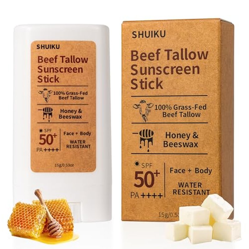 Beef Tallow Sunscreen Organic Stick SPF 50 ? Tallow-Based Mineral Sunscreen with Honey & Beeswax for Face & Body, Water-Resistant Natural Sunblock, 0.53 oz