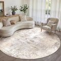 WondRg 8x8 Beige Grey Abstract Round Rug - Low Pile, Non-Slip Backing, Machine Washable