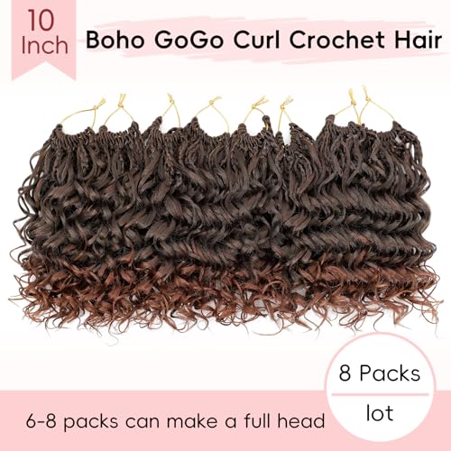 Aoisvk Prelooped GoGo Curl Crochet Hair 10 Inch Pack of 8 - 1B/30 Ombre Short Curly Pretwisted Water Wave Boho Hair Extensions