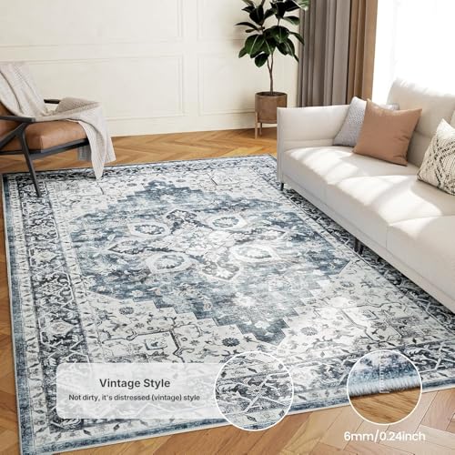 Amada 6x9 Blue Washable Area Rug for Dining Room - Vintage Pattern, Non-Slip