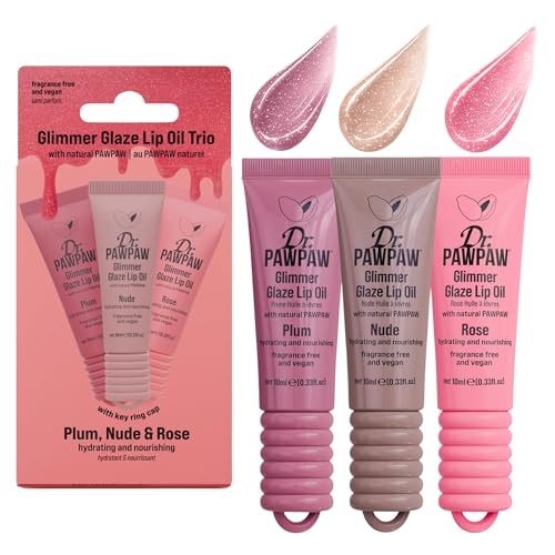 Dr. PAWPAW Glimmer Glaze Lip Oil Set – Hydrating Nude, Rose & Plum Shades