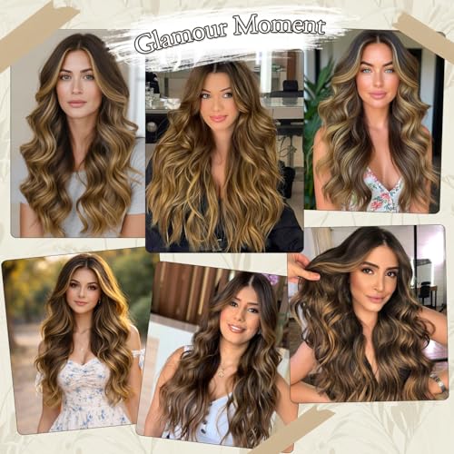 Balayage Chocolate Brown to Caramel Blonde 20in Wavy Clip-In Hair Extensions for Women