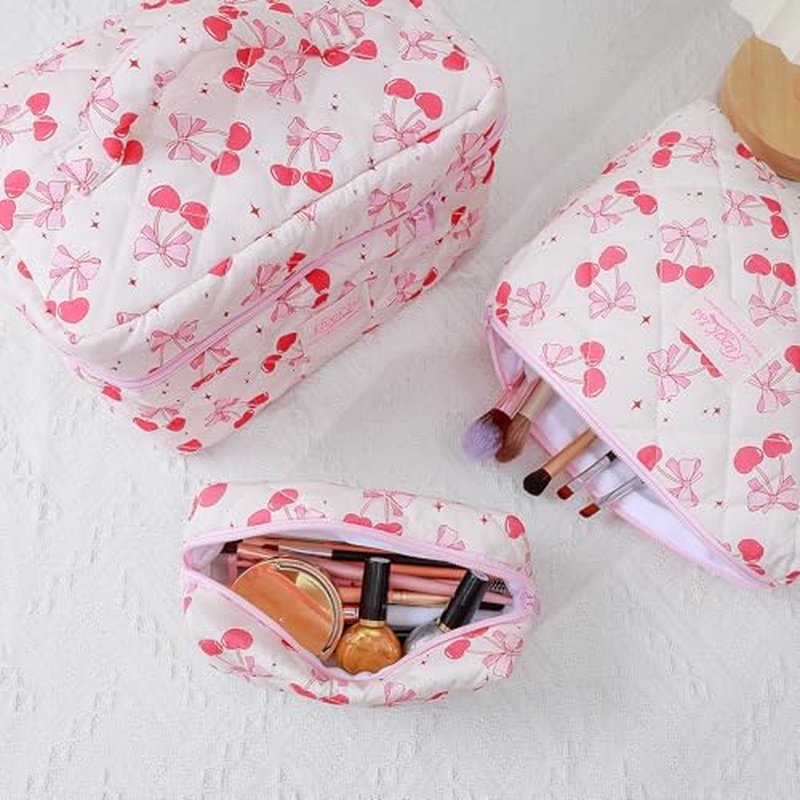 3-Piece Quilted Makeup Bag, Large Cute Coquette Pink Makeup Bag Set, Aesthetic Cosmetic Bags for Women, Travel Toiletry Bag Organizer with Zipper (Cherry Bow)