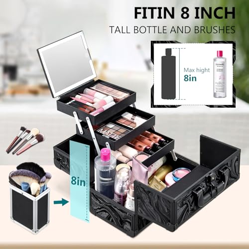 Faquenc Black Travel Makeup Case with LED Lighted Mirror - Portable Organizer