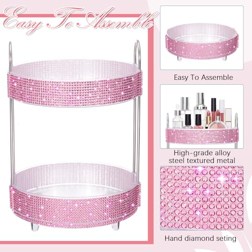 Honeydak 360 Rotating Perfume Organizer Rhinestone Bathroom Counter Organizer Makeup Holder with 2 Tiers Skincare and Perfume Storage, Vanity Storage for Cosmetic Countertop Decor (Pink)