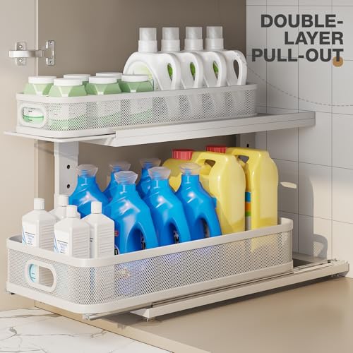 Corbyles 2 Pack 21" Depth Under Sink Organizer with Next-Gen Ball-Bearing Slides, 2-Tier Mesh Pull-Out, Height Adjustable, Anti-Rust White