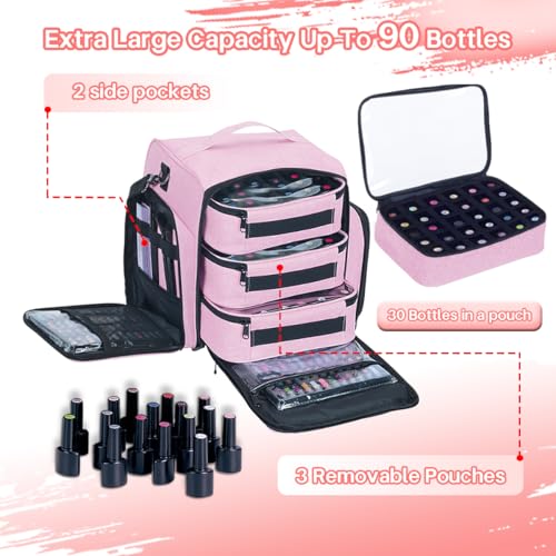 Nail Polish Organizer Storage Box, Holds 90 Bottles of Nail Polish, Portable Travel Case with 3 Separate Storage Bags, Can Be Used for Nail Art Supplies, Manicurists, etc Pink