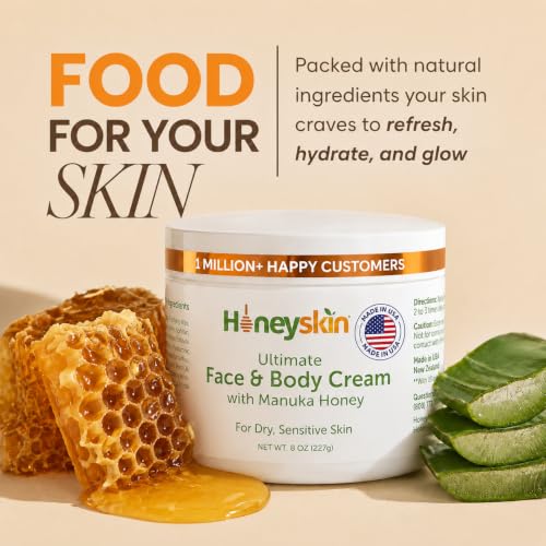 Honeyskin Organic Manuka Honey Face & Body Moisturizer 8oz - Sensitive Skin Hydrating Cream - Original