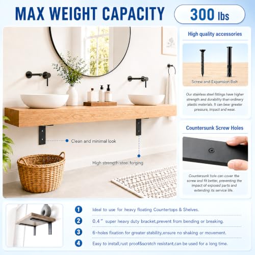 Heavy Duty Countertop Support Brackets 20 Inch x 8 Inch Black 4 Pack - Hidden L Shelf Brackets for Quartz Granite Wood Concrete Laminate