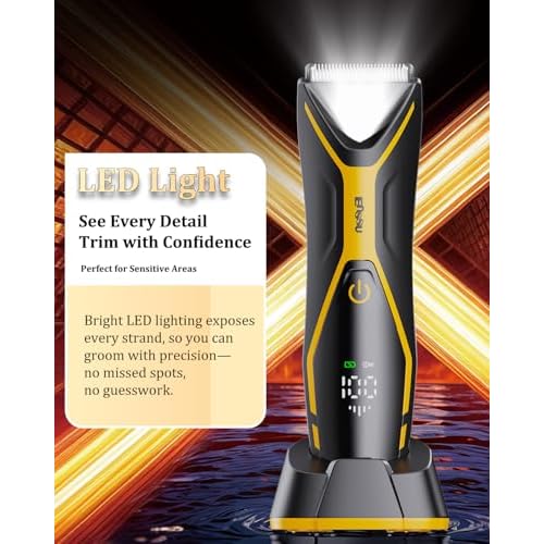 Electric Body Hair Trimmer for Men Type-C Rechargeable, Ball Pubic Trimmer Shaver Men with LED Light, Groin Body Groomer for Man, USB Recharge Dock& 1H Fast Charge, LED Display, Black+Yellow