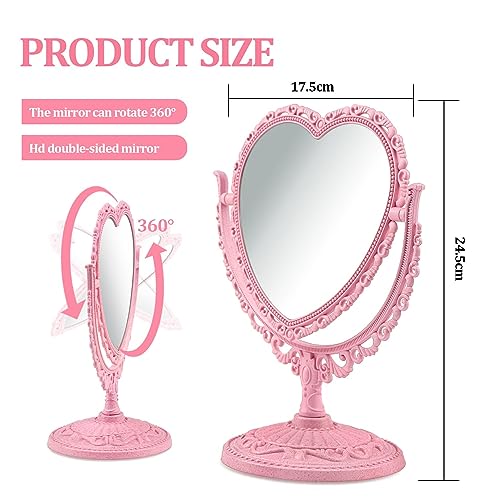 Pink Heart Vanity Mirror - Double Sided 360 Degree Swivel - Aesthetic Makeup Cosmetic Mirror for Table Desk Countertop Dresser Coquette Bathroom Bedroom Decor