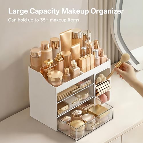 White Makeup Organizer with Drawers and Brush Holder - Large Vanity Storage
