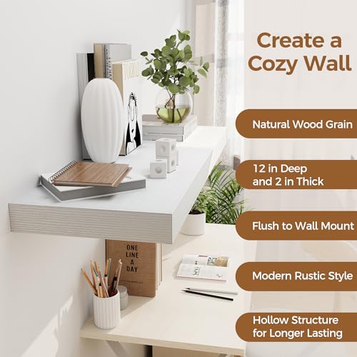 White Floating Shelves 36 Inch Long, 12 Inch Deep Set of 2 - Wall Storage & Display