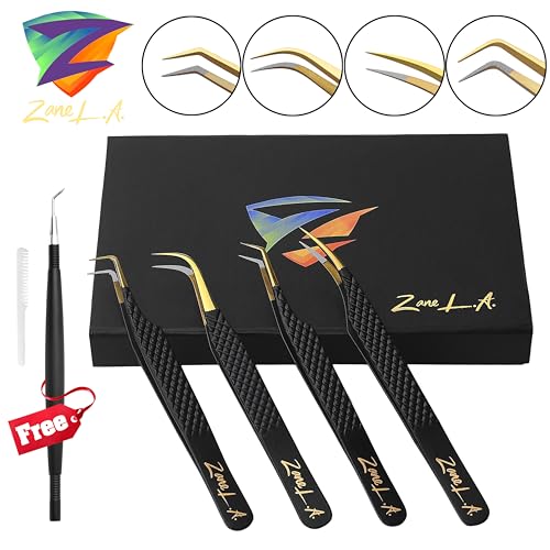 Zane L.A. Nano Fiber Tip Professional Eyelash Extension Tweezers, a pack of 4, Quality tweezers made with Japanese Stainless Steel, FREE Eyelash Separator. (Black)