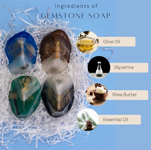 Gemstone Soap & Bath Bomb Set - Relaxing Spa Gift for Women - Earth & Home - 4 Decorative Rock Soaps with Crystals & 4 Fizzing Bath Bombs - Natural Ingredients & Essential Oils