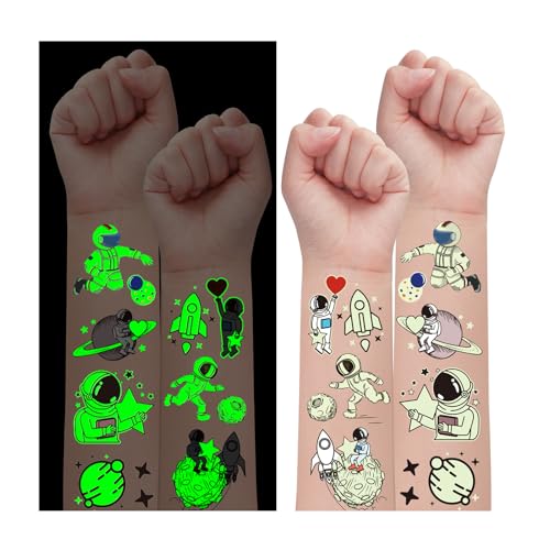 Partywind 225 Styles (30 Sheets) Luminous Space Kids Temporary Tattoos for Party Supplies, Outer Space Party Favors with Astronaut/Planet/Star/Moon, Games for Boys Children