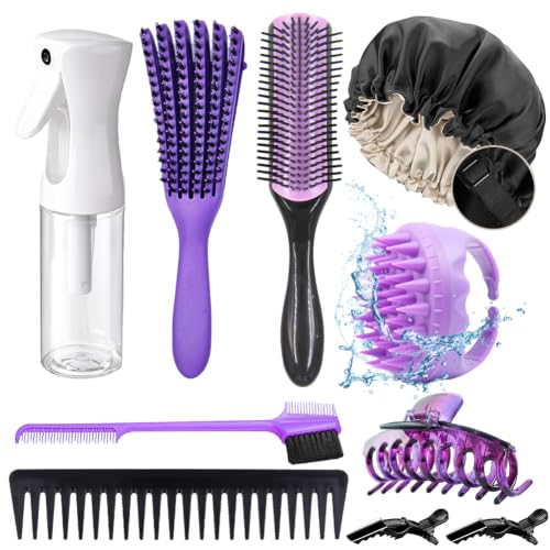 Purple 10-Piece Natural Hair Detangling Brush Set with Sleep Bonnet & Accessories