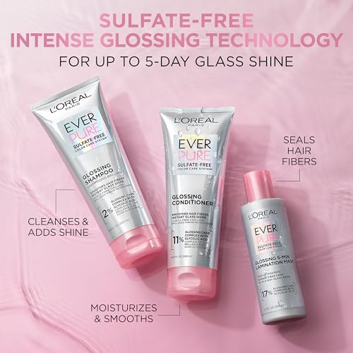 L'Oreal Paris Glossing Sulfate Free Conditioner with Glycolic Acid, Hair Care for Lasting Shine and Smoothness for Dull, Dry Hair, EverPure, 6.8 Fl Oz