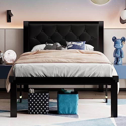 Feonase Twin Size Metal Bed Frame with Faux Leather Headboard, Storage, Black - No Box Spring Needed