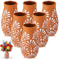 Set of 6 Mexican Terracotta Vases with Floral Design - Brown & Leaf Variation