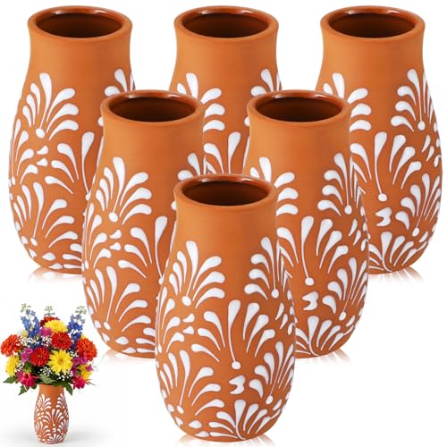 Set of 6 Mexican Terracotta Vases with Floral Design - Brown & Leaf Variation