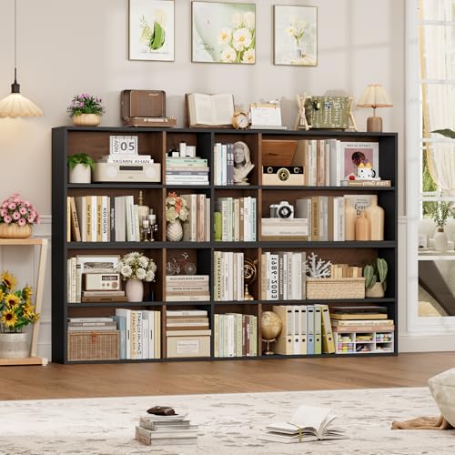 FOTOSOK 7-Tier Narrow Bookshelf Tall Media Tower in Black/Brown, Space-Saving Storage