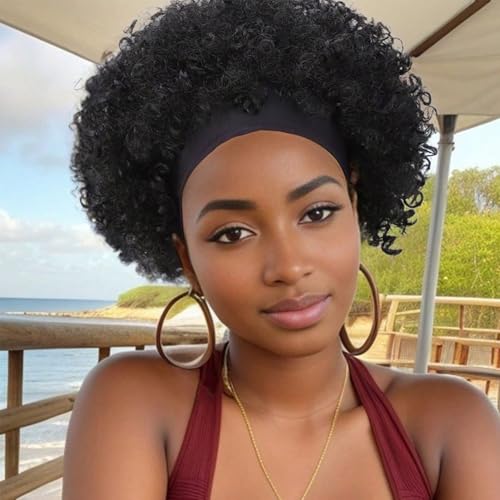 Short Curly Human Hair Headband Wig - 1B / 6 Inch, Glueless, Kinky Curly for Black Women
