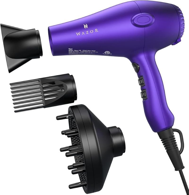 Wazor Ionic Hair Dryer with Diffuser - Purple 3-Piece Styling Set