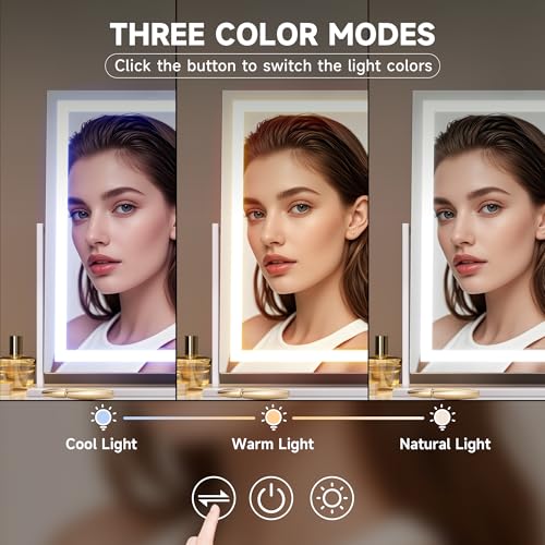 Hasipu Vanity Mirror with Lights, 23.6" x 18.1" LED Makeup Mirror, Light up Mirror with Smart Touch 3 Colors Dimmable, Brightness Adjustment, 360¡Æ Rotation (White)
