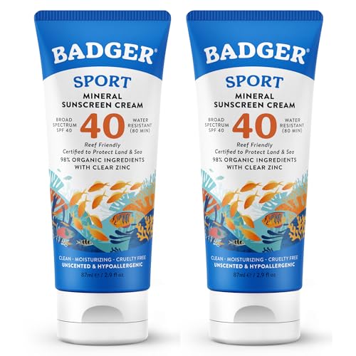 Badger Sport Mineral Sunscreen SPF 40 2-Pack, Zinc Oxide, 2.9 fl oz Tube