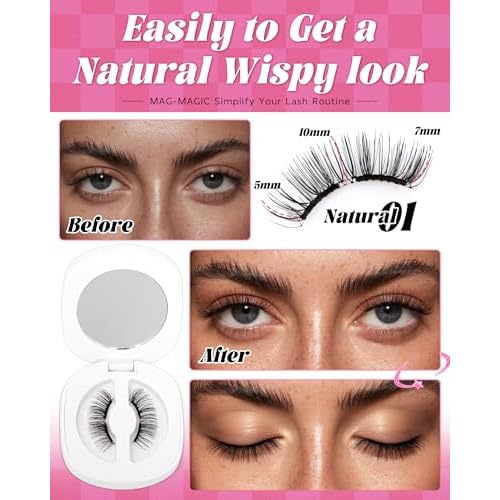 Upgrade Natural Look Soft Magnetic Eyelashes with Applicator and Lash Fixer Reusable Magnetic Eyelashes Kit, No Glue Needed Soft Magnet Lashes, Easy To Wear and Remove by EMEDA(Natural)