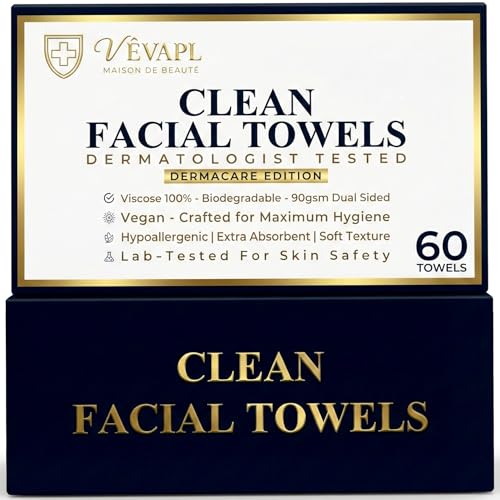 V?VAPL¢ç - VEVAPL Clean Facial Towels XL ? 60 Towels | 100% Viscose, Disposable Face Towel, Dermatologist Tested, Ultra Soft, Ultra Thick 90GSM for Skincare, Makeup Removal & Daily Cleansing