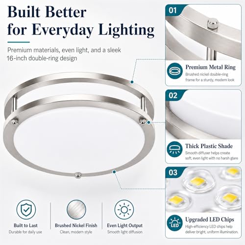 Weddeg 2-Pack 16-Inch Dimmable LED Flush Mount Ceiling Light, 50W 5400 Lumen, 2700K-6500K, Brushed Nickel
