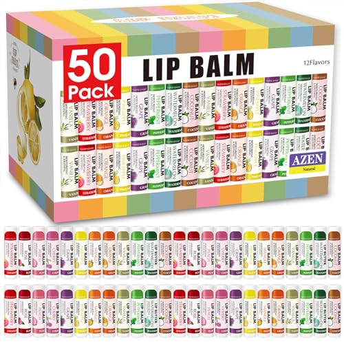 AZEN 50 Pack Lip Balm, Natural Lip Balm Bulk, Lip Care Product, Moisturizing Lip Balms for dry cracked lips, Valentines Gifts Easter Basket Stuffers - 12 Flavors