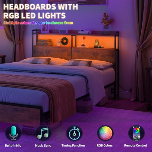 Rustic Brown Queen Headboard with Storage & RGB LED Lights - Height Adjustable, Outlets & USB Ports