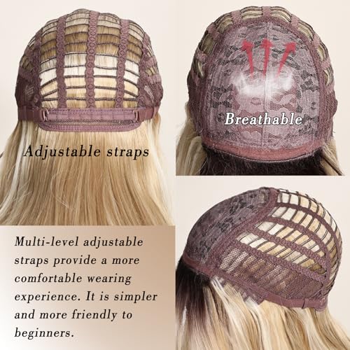 Balayage Layered Bob Wig - Ombre Blonde with Black Roots, Honey Blonde Highlights, 18 Inch Synthetic Wig with Thick Bangs & Curved Tail - Honey Blonde Variation