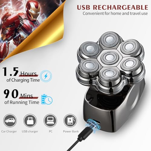 Electric Head Shaver for Bald Men Waterproof Rechargeable 7D Rotary Razor