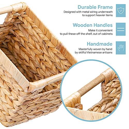 Water Hyacinth Small Wicker Storage Baskets - 3 Pack with Wooden Handles, 10 x 7.5 x 6.3 Inches