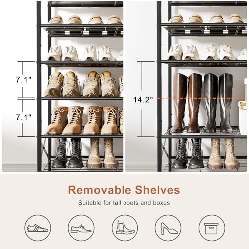 Rustic Brown 8-Tier Metal Shoe Rack with Wooden Top, Holds 24-32 Pairs