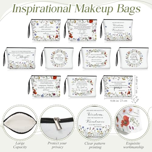 Talltalk Christian Makeup Bags Set of 10 – Bible Verse & Floral Design Travel Cosmetic Pouches for Women